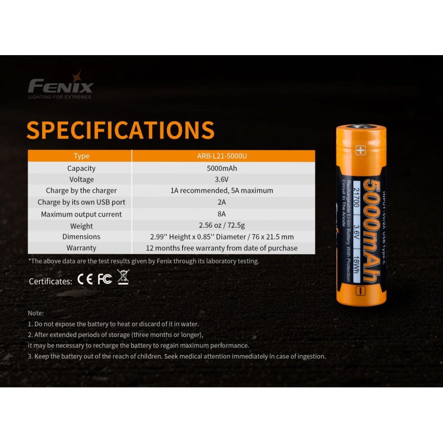 Fenix FE21700USB - 1 tk Laetav USB-aku, 3,6V, 5000 mAh