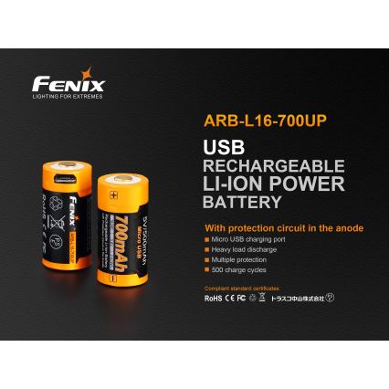 Fenix FERCR123ALIIONUP - 1 x Taaslaetav patarei USB/3,6V 700 mAh