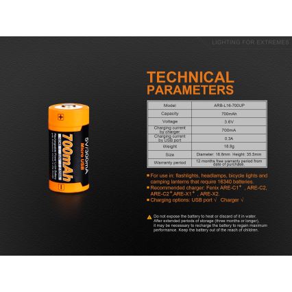 Fenix FERCR123ALIIONUP - 1 x Taaslaetav patarei USB/3,6V 700 mAh