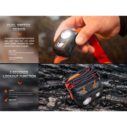 Fenix HL32RTBLCK - LED Laetav pealamp LED/USB/3xAAA IP66 800 läikiv 300 h 1900 mAh must/oranž