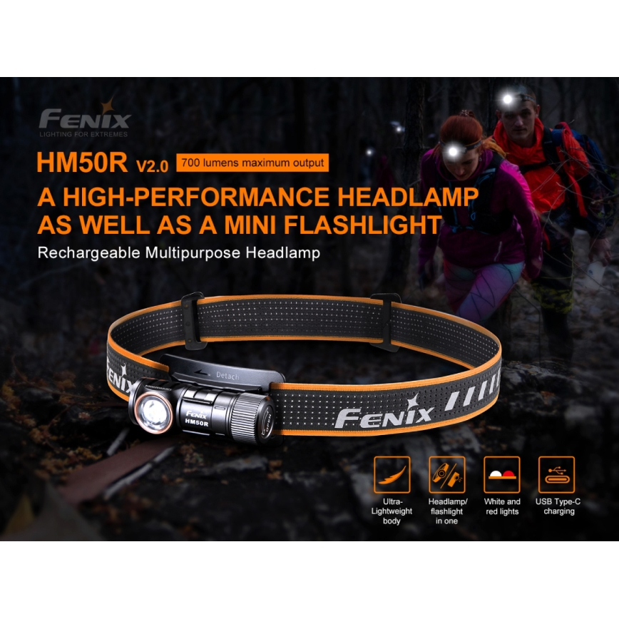 Fenix HM50RV20 - LED Laetav pealamp 3xLED/USB/1xCR123A IP68 700 läikiv 120 h 700 mAh