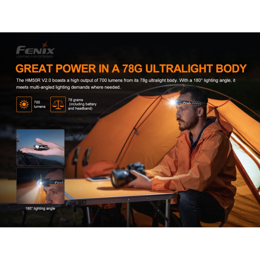 Fenix HM50RV20 - LED Laetav pealamp 3xLED/USB/1xCR123A IP68 700 läikiv 120 h 700 mAh