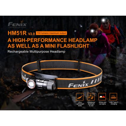 Fenix HM51RV20 - LED Laetav pealamp 3xLED/1xCR123A/USB IP68 700 läikiv 120 h 700 m