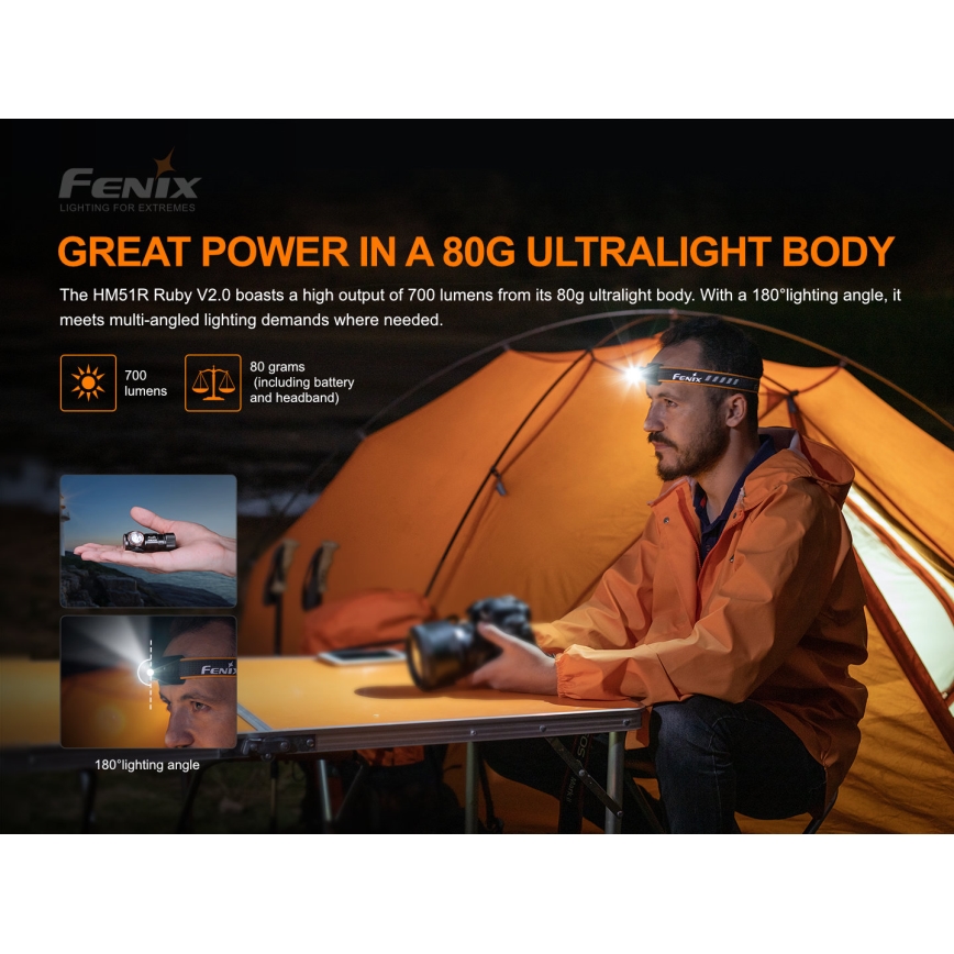 Fenix HM51RV20 - LED Laetav pealamp 3xLED/1xCR123A/USB IP68 700 läikiv 120 h 700 m