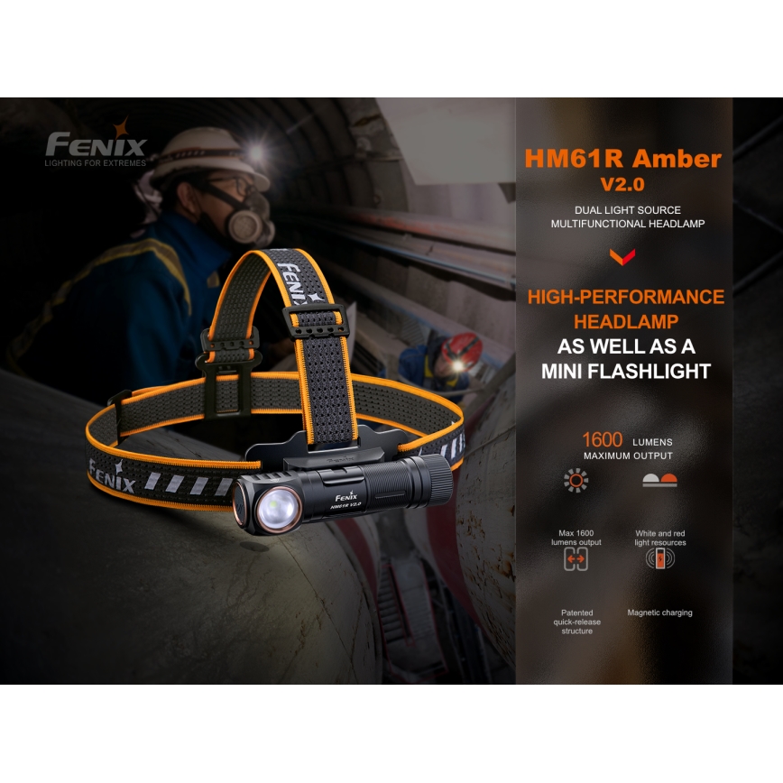 Fenix HM61RV20 - LED Laetav pealamp LED/USB/2xCR123A IP68 1600 lm 300 h 3400 mAh