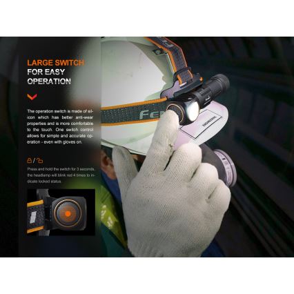 Fenix HM61RV20 - LED Laetav pealamp LED/USB/2xCR123A IP68 1600 lm 300 h 3400 mAh