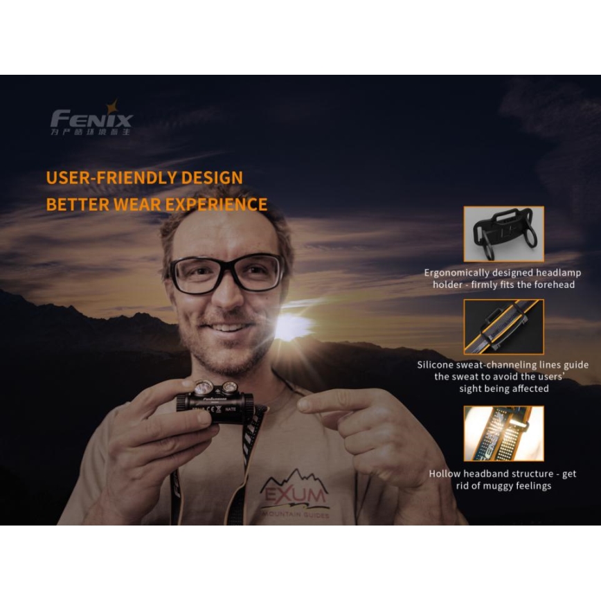Fenix HM65R - LED Laetav pealamp 2xLED/USB/2xCR123A IP68 1400 läikiv 300 h 3400 mAh