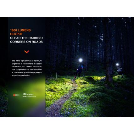 Fenix HM65RTV20PRP - LED Hämardatav laetav pealamp LED/USB/2xCR123A IP68 1600 lm 300h 3400 mAh must/lilla