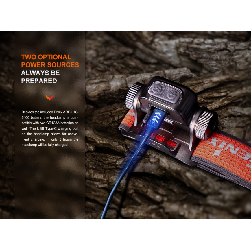 Fenix HM65RTV20PRP - LED Hämardatav laetav pealamp LED/USB/2xCR123A IP68 1600 lm 300h 3400 mAh must/lilla