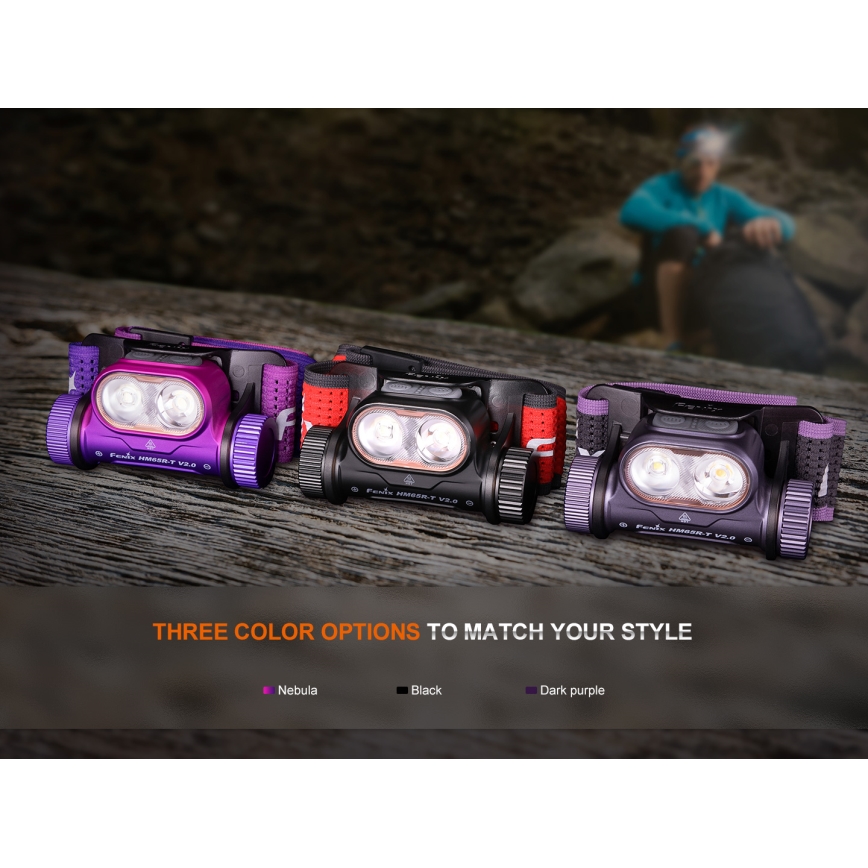 Fenix HM65RTV20PRP - LED Hämardatav laetav pealamp LED/USB/2xCR123A IP68 1600 lm 300h 3400 mAh must/lilla