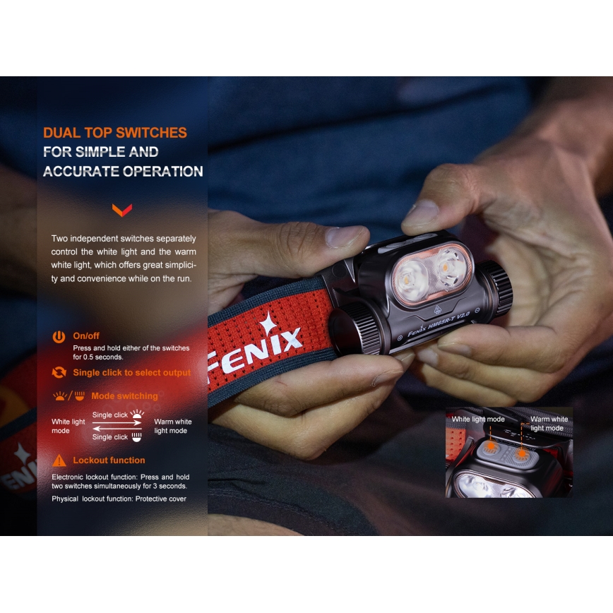 Fenix HM65RTV20PRP - LED Hämardatav laetav pealamp LED/USB/2xCR123A IP68 1600 lm 300h 3400 mAh must/lilla