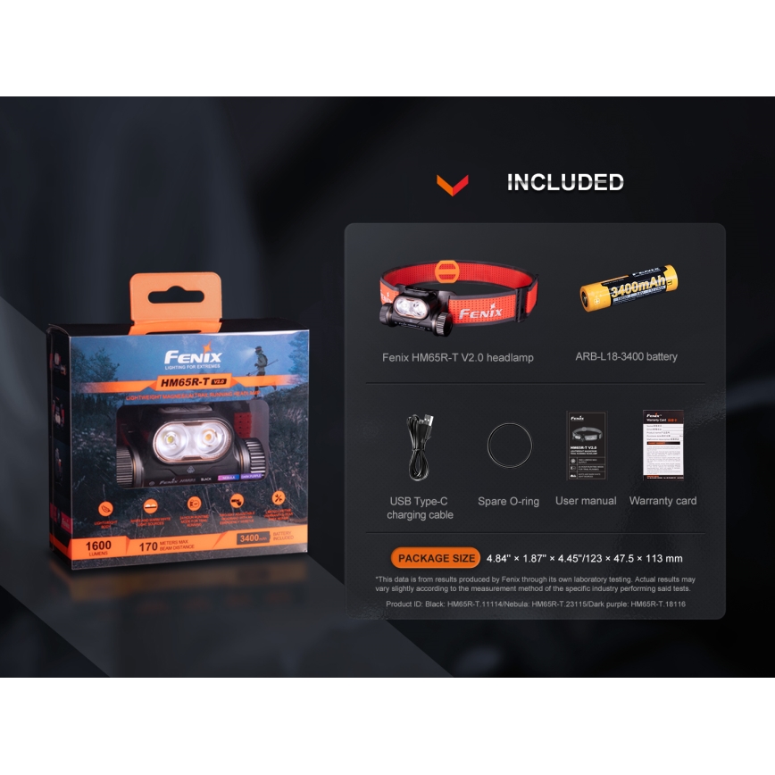 Fenix HM65RTV20PRP - LED Hämardatav laetav pealamp LED/USB/2xCR123A IP68 1600 lm 300h 3400 mAh must/lilla