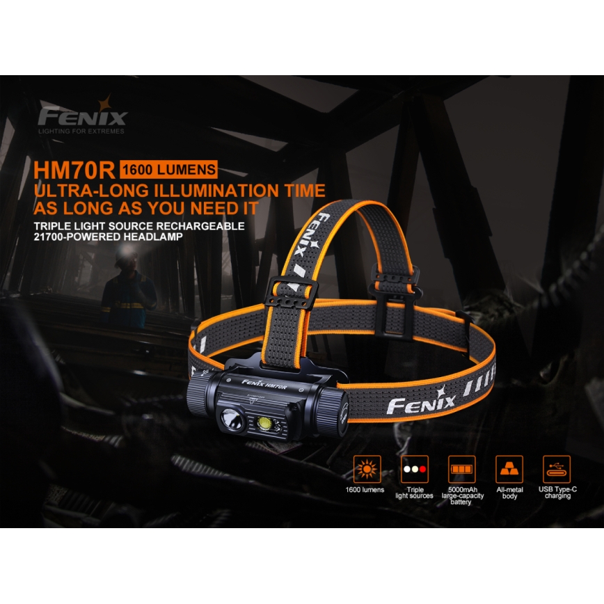 Fenix HM70R - LED Laetav pealamp 4xLED/1x21700 IP68 1600 läikiv 800 h 5000 mAh