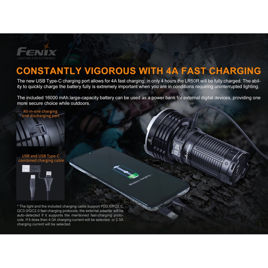 Fenix LR50R - LED Taaslaetav taskulamp 4xLED/USB IP68 12000 58 h