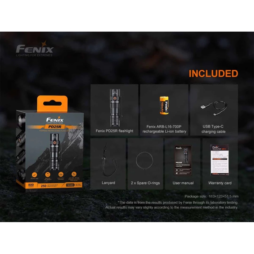 Fenix PD25R - LED Laetav taskulamp LED/USB/1xCR123A IP68 800 lm 70 h 700 mAh