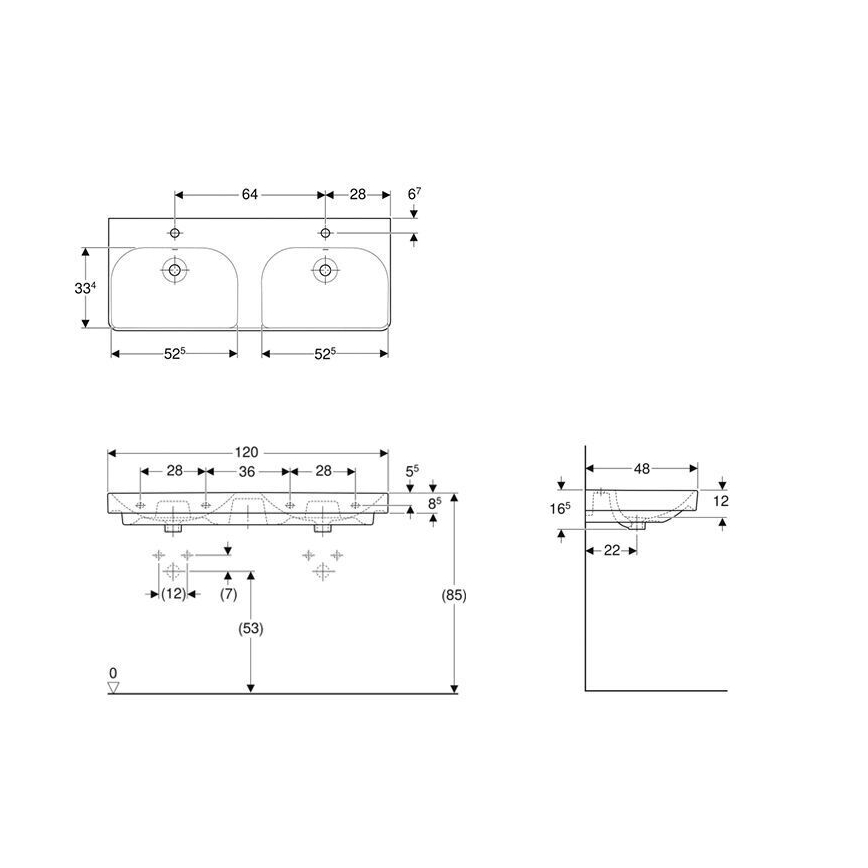 Geberit 500.223.01.1 - Seinapealne kahekauseline valamu Smyle Square 120x48 cm keraamika/valge
