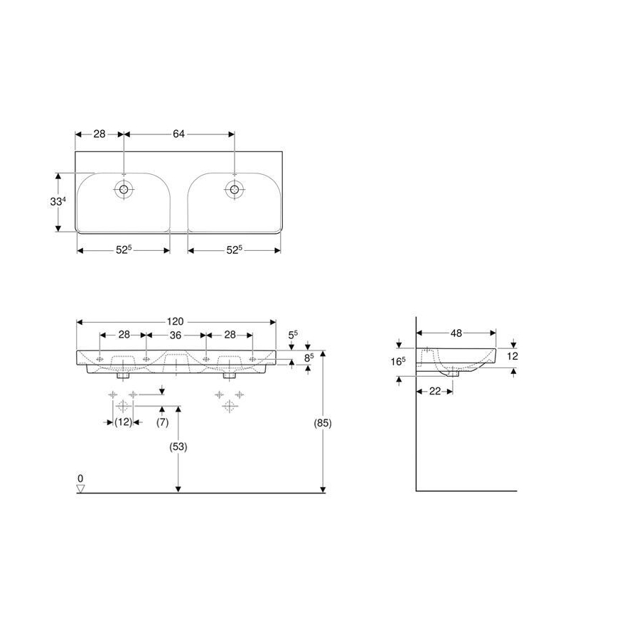 Geberit 500.224.01.1 - Seinale kinnitatav topeltvalamu Smyle Square 120x48 cm keraamika/valge