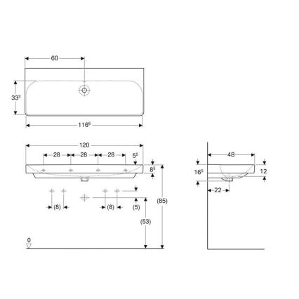 Geberit 500.225.01.1 - Seinale kinnitatav topeltvalamu Smyle Square 120x48 cm keraamika/valge