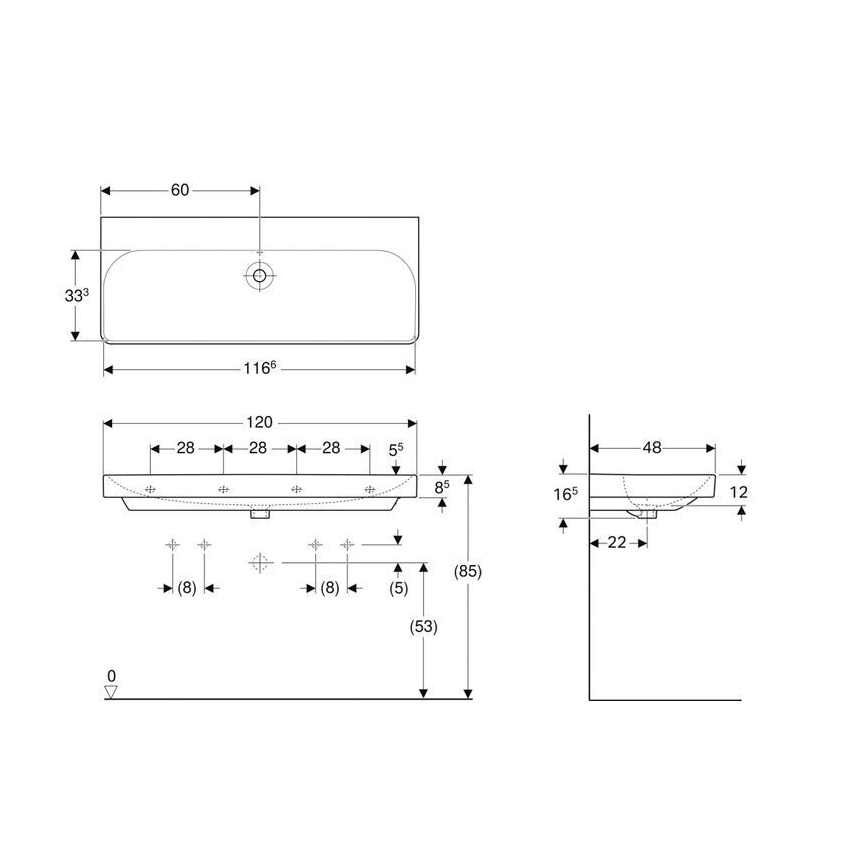 Geberit 500.225.01.1 - Seinale kinnitatav topeltvalamu Smyle Square 120x48 cm keraamika/valge