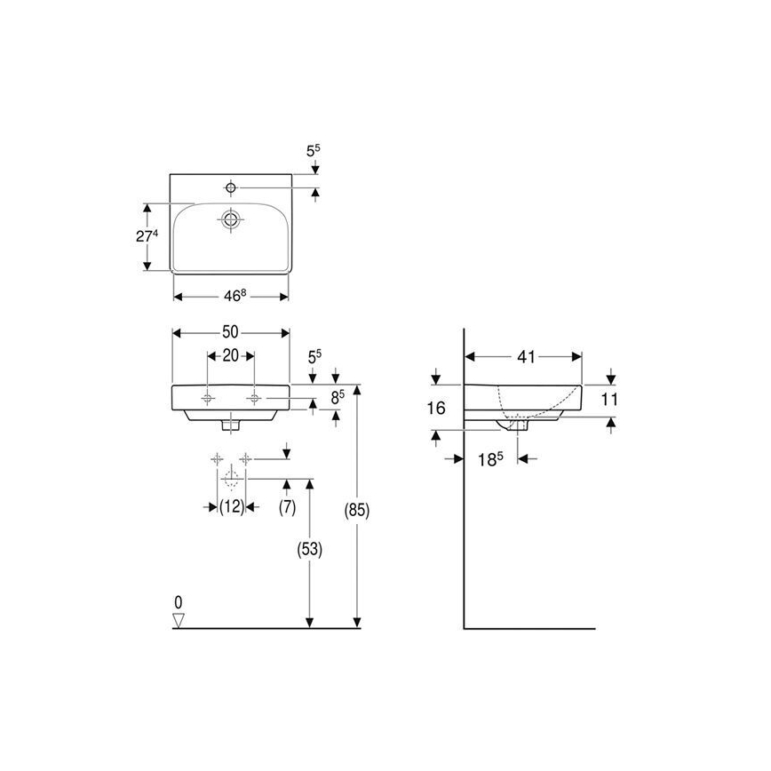 Geberit 500.256.01.1 - Seinale kinnitatav valamu Smyle Square 50x41 cm keraamika/valge