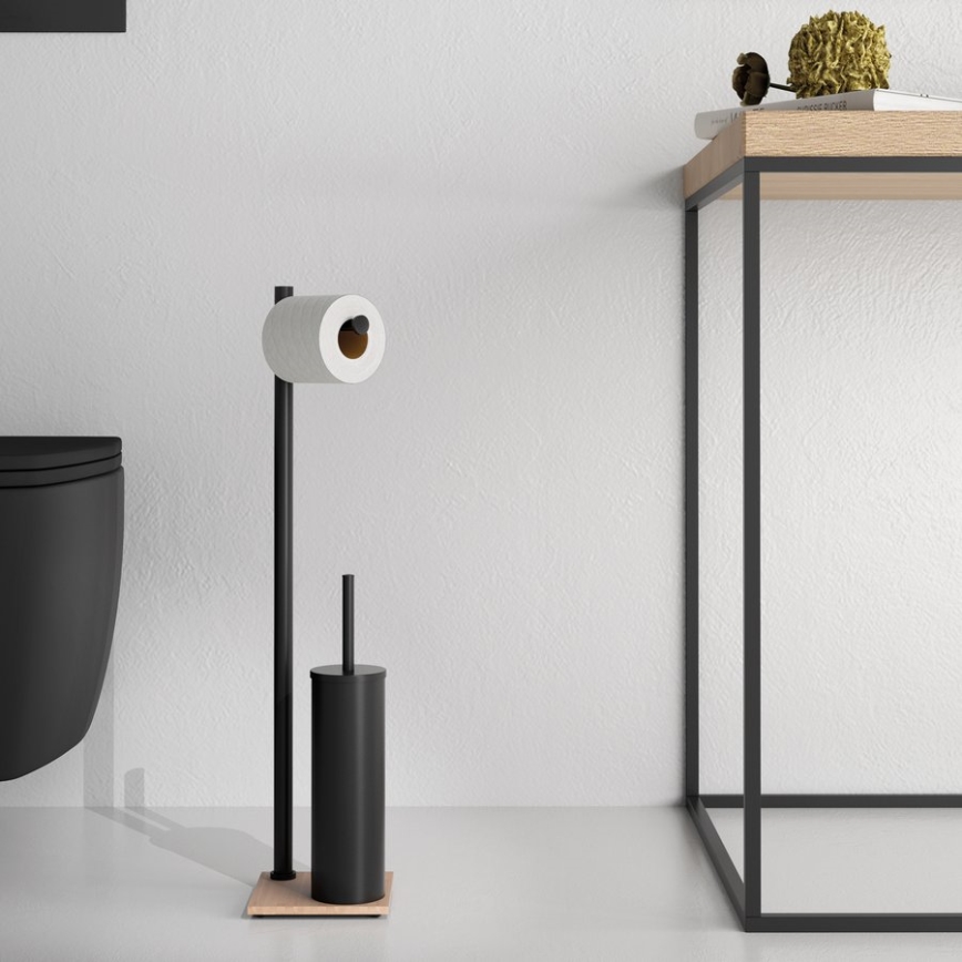 Gedy - Põrandale asetatav WC-hari koos tualettpaberi hoidjaga TRILLY mattmust/bambus