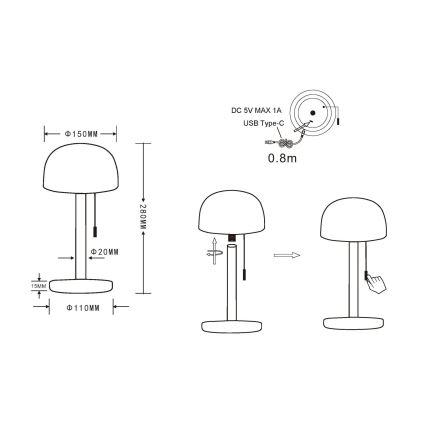 Globo - LED Laetav laualamp LED/1,5W/3,7V 3000/4200/6000K 1800mAh must