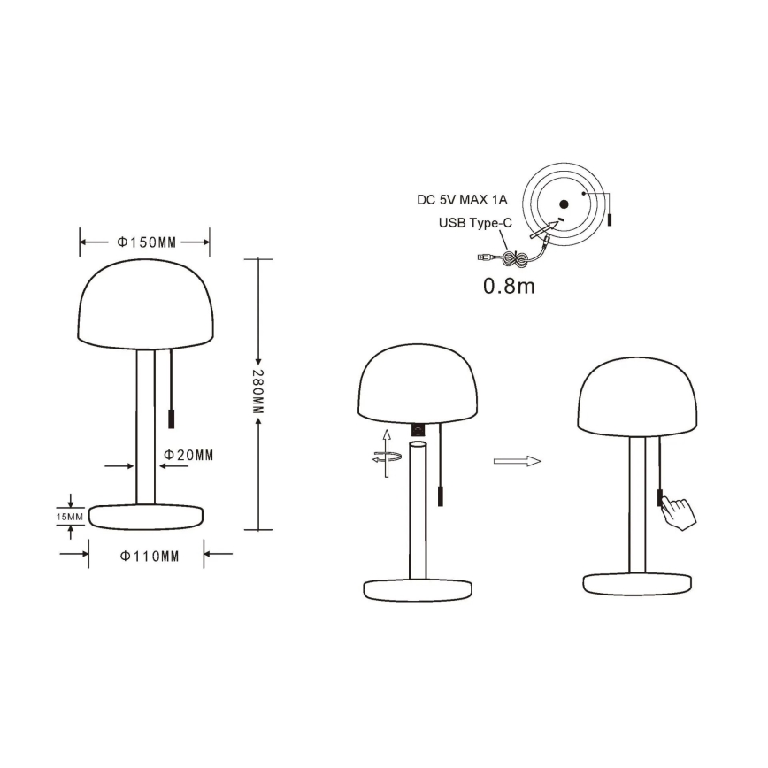 Globo - LED Laetav laualamp LED/1,5W/3,7V 3000/4200/6000K 1800mAh must