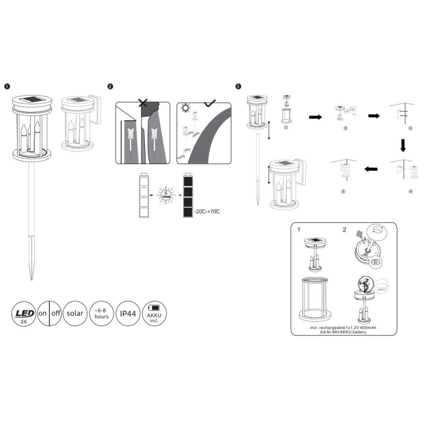 Globo - LED Päikesepaneeliga valgusti 3-ühes 3xLED/0,06W/3V IP44