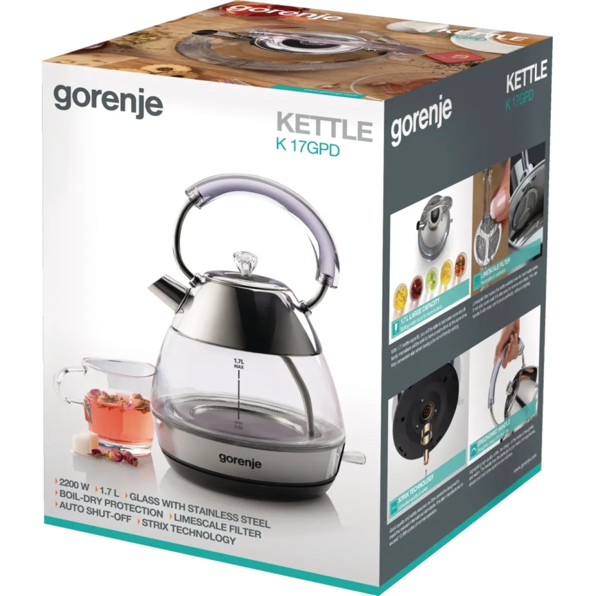 GORENJE K17GPD - Kiirveekeetja 1,7 l 2200W/230V klaas/roostevaba teras