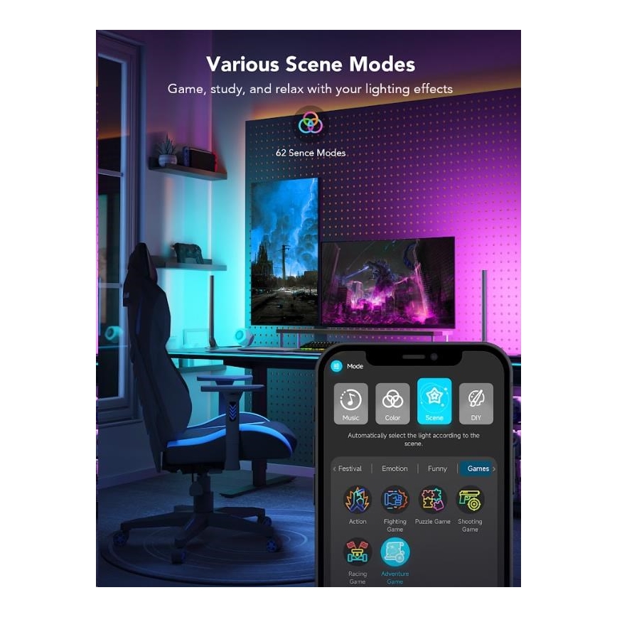 Govee - KOMPLEKT 2x Smart Gaming Wi-Fi LED RGBIC paneelid + Smart Dual + kaugjuhtimispult