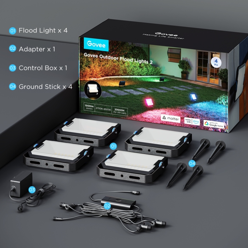 Govee - KOMPLEKT 4x LED RGBICWW hämardatav prožektor LED/24W/230V IP66 Matter Wi-Fi