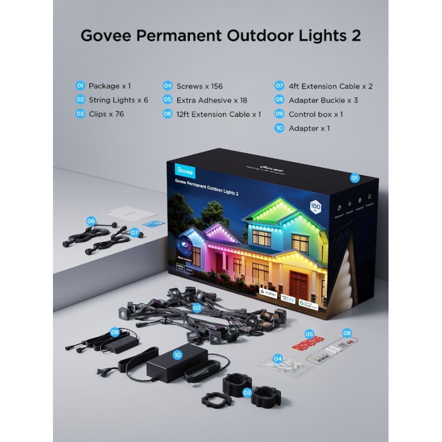 Govee - LED RGBIC Allasuunatud nöörvalgustid 30m Wi-Fi Matter IP67