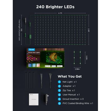 Govee - LED RGBIC Väli võrkvalgustus 143x85cm Wi-Fi Matter IP65