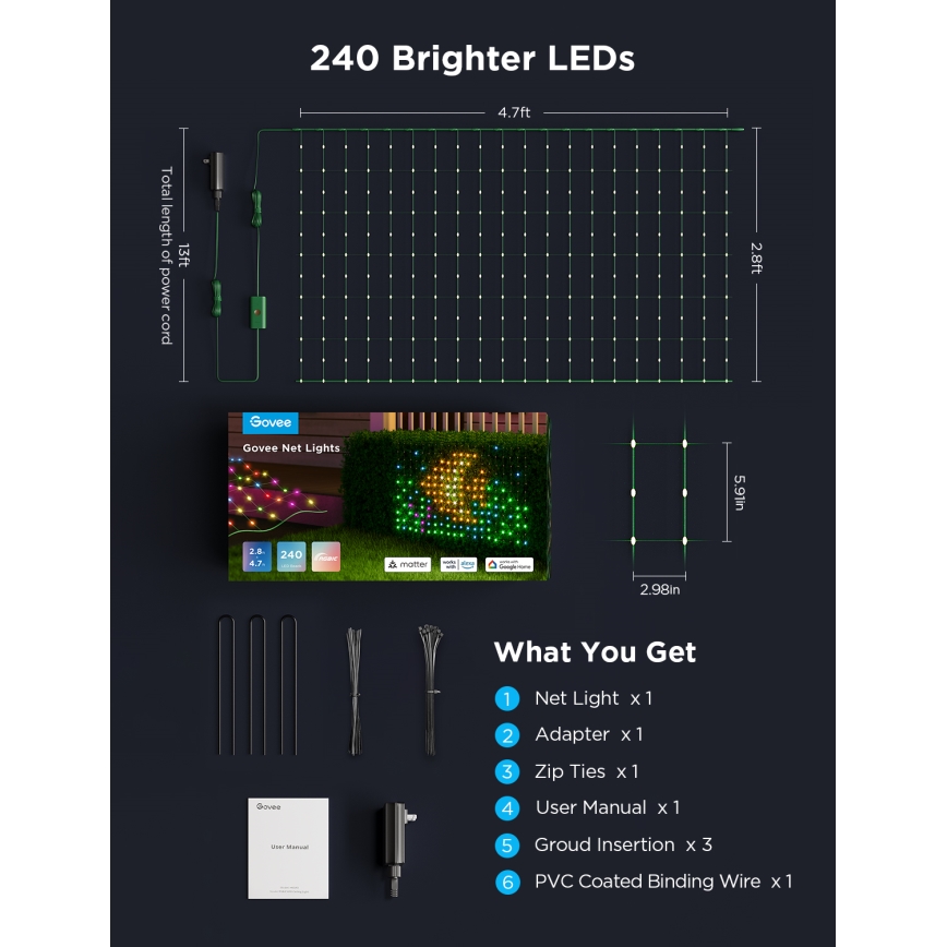 Govee - LED RGBIC Väli võrkvalgustus 143x85cm Wi-Fi Matter IP65