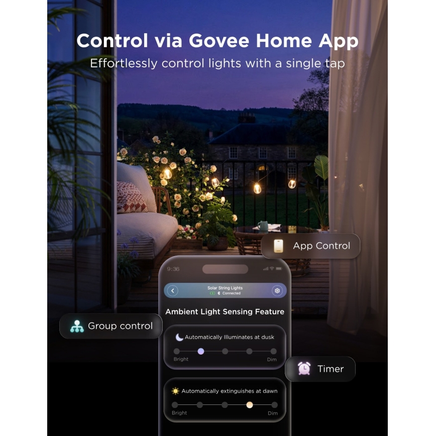 Govee - LED RGBICW päikesetoitega valguskett 8xLED/6W/5V Wi-Fi Matter IP67
