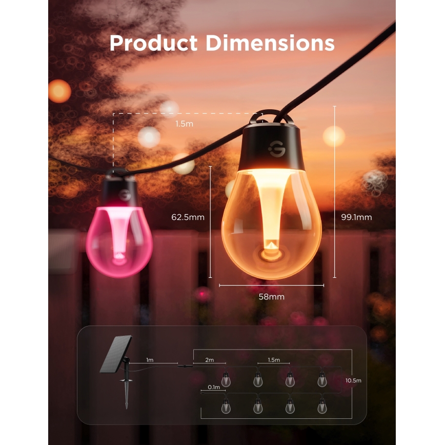 Govee - LED RGBICW päikesetoitega valguskett 8xLED/6W/5V Wi-Fi Matter IP67