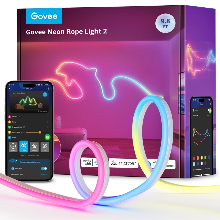 Govee - Neon 2 MATTER paindlik LED Valgusriba 3m RGBIC Wi-Fi IP67