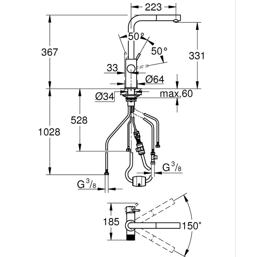 GROHE 30590DC0 - Köögisegisti väljatõmmatava otsikuga BLUE PURE, roostevabast terasest