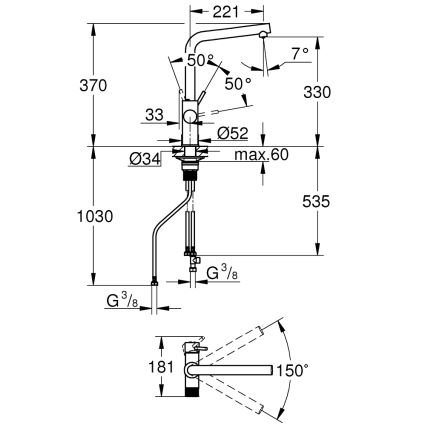 GROHE 30600000 - Köögisegisti BLUE PURE, L-kujuline väljalase, läikiv kroom