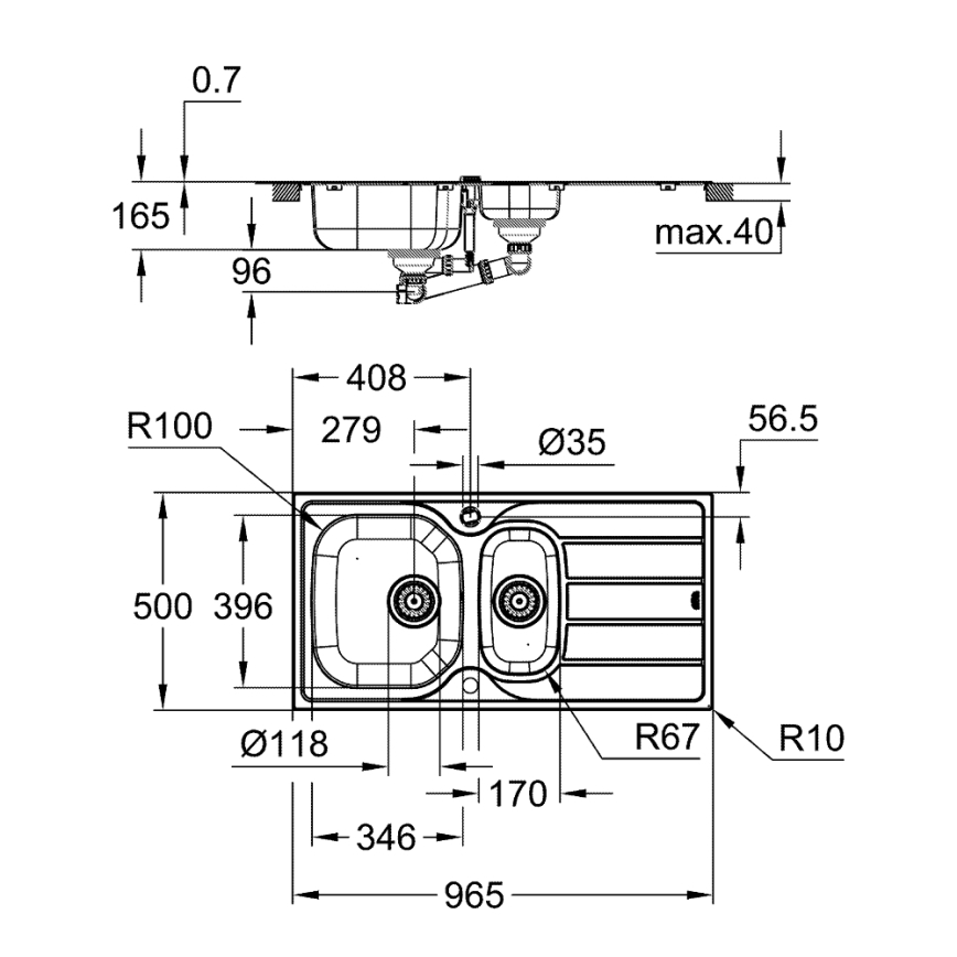 GROHE 31564SD1 - K200 köögivalamu 965 × 500 mm roostevabast terasest