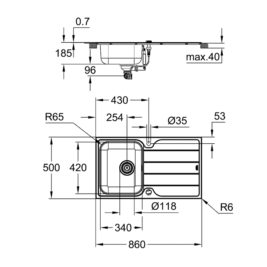 GROHE 31573SD1 -Komplekt köögivalamut K500 nõrutusalusega ja segisti A-ga 86×50 cm roostevabast terasest