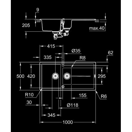 GROHE 31642AP0 - Komposiidist köögivalamu K400 1000 × 500 mm must