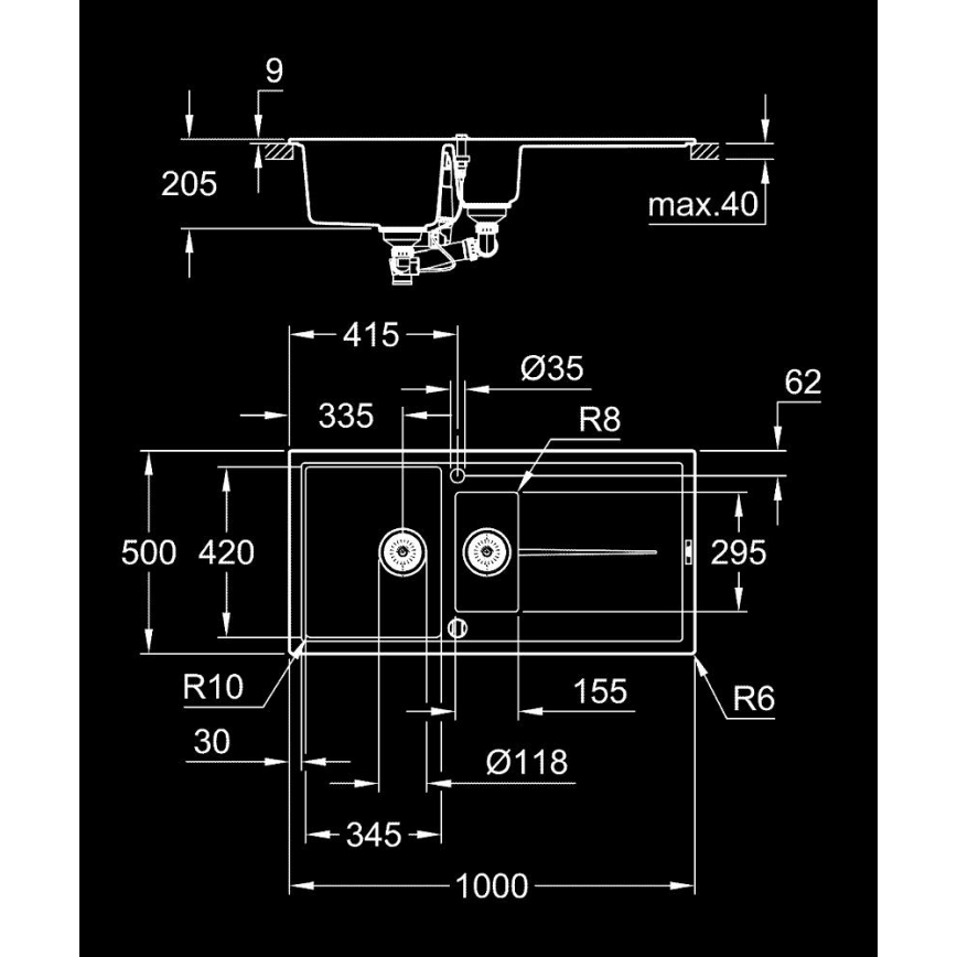 GROHE 31642AP0 - Komposiidist köögivalamu K400 1000 × 500 mm must
