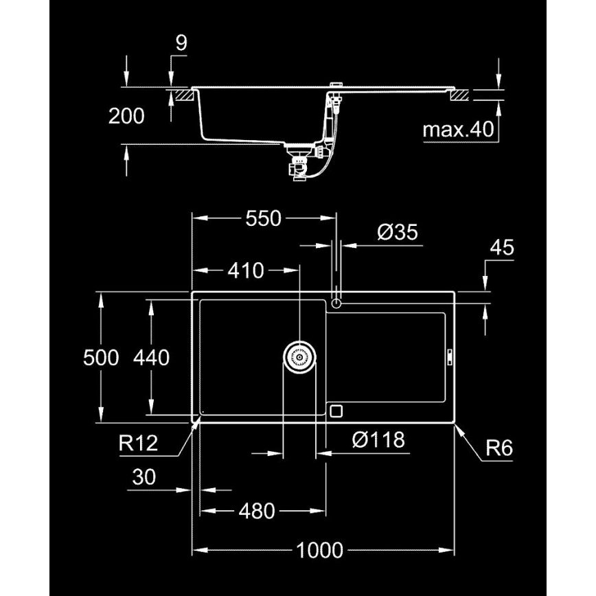 GROHE 31645AP0 - Köögivalamu K500 1000 × 500 mm kivi/must