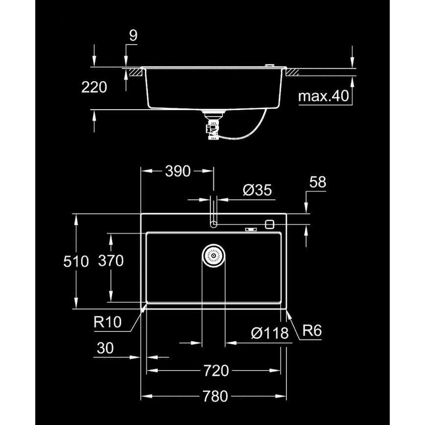 GROHE 31652AP0 - Komposiitvalamu K700 780 × 510 mm graniit/must