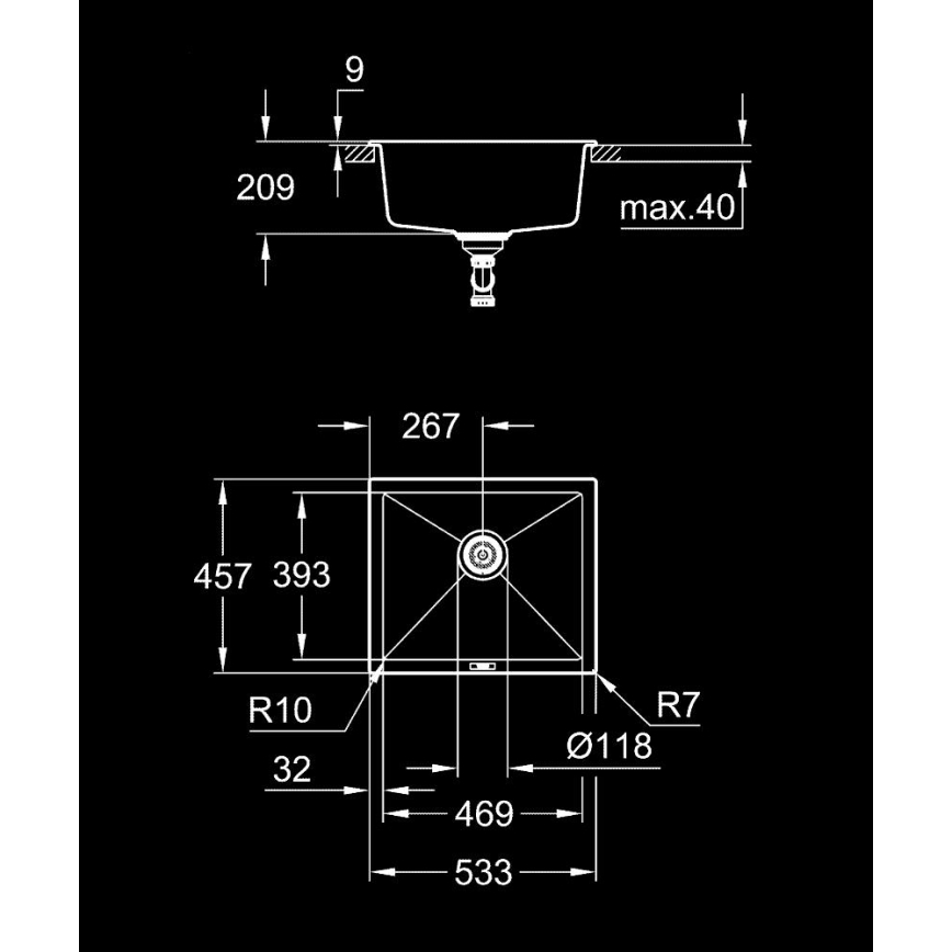 GROHE 31654AP0 - Valamu K700U 533 × 457 mm must graniit/must