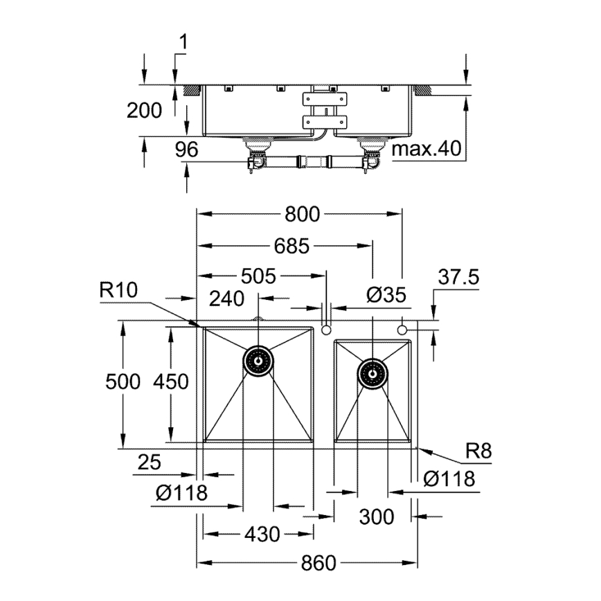 GROHE 31855SD0 - Köögivalamu K700 860 × 500 mm, roostevabast terasest