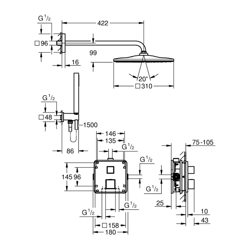 GROHE 34879000 - Seina sisse paigaldatav dušisüsteem PRECISION CUBE 310 × 310 mm kroom