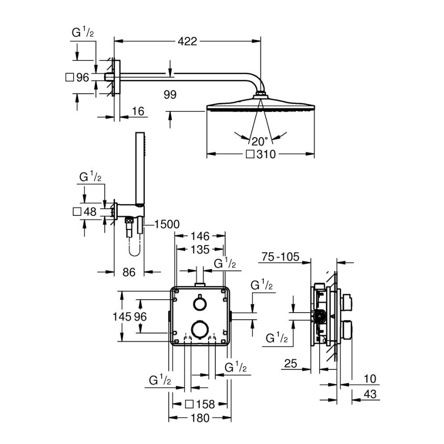GROHE 34881000 - Seina sisse paigaldatav dušisüsteem PRECISION 310 × 310 mm läikiv kroom