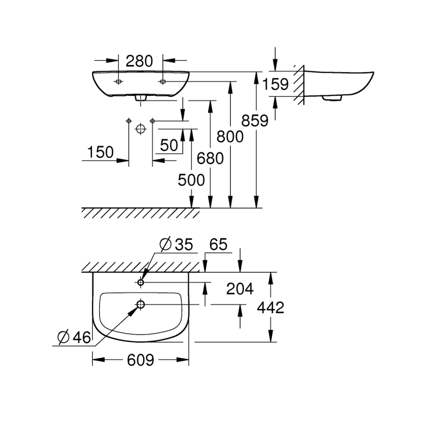 GROHE 39421000 - Seinapealne valamu BAU CERAMIC 609 × 442 mm, keraamika/valge